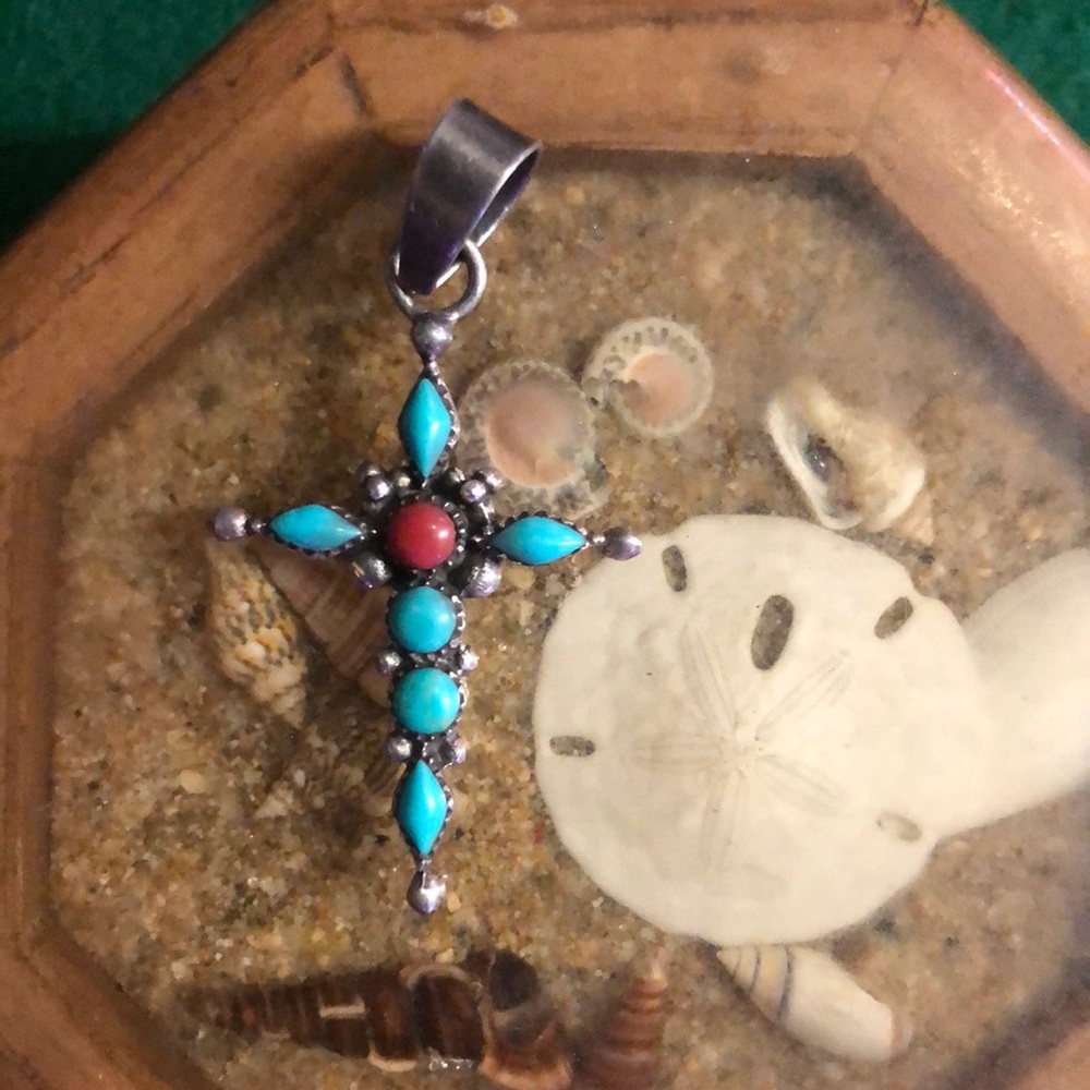 Vintage pendant, turquoise and coral cross